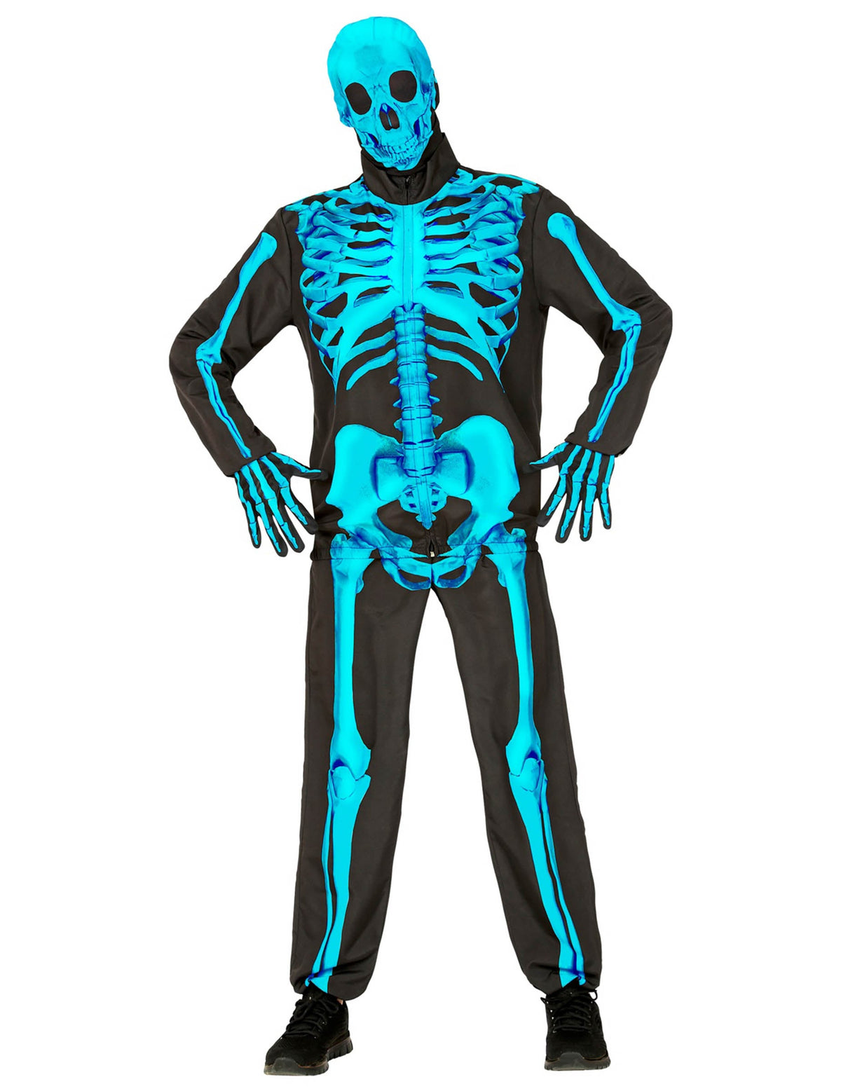 Vue de face du déguisement de squelette bleu fluo