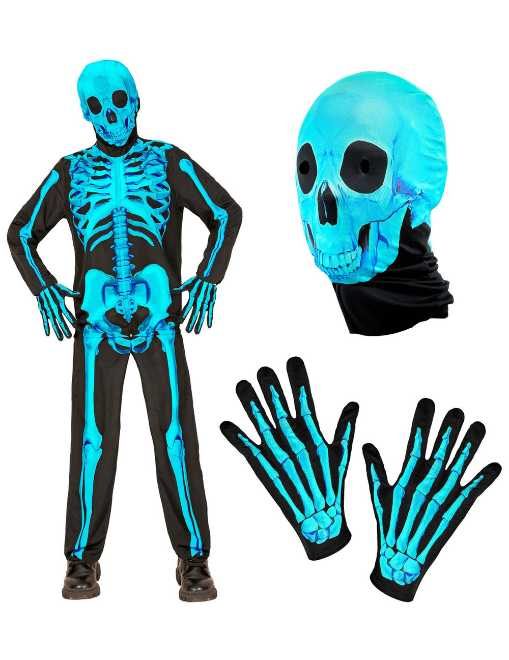 Détails du masque et des gants du déguisement de squelette