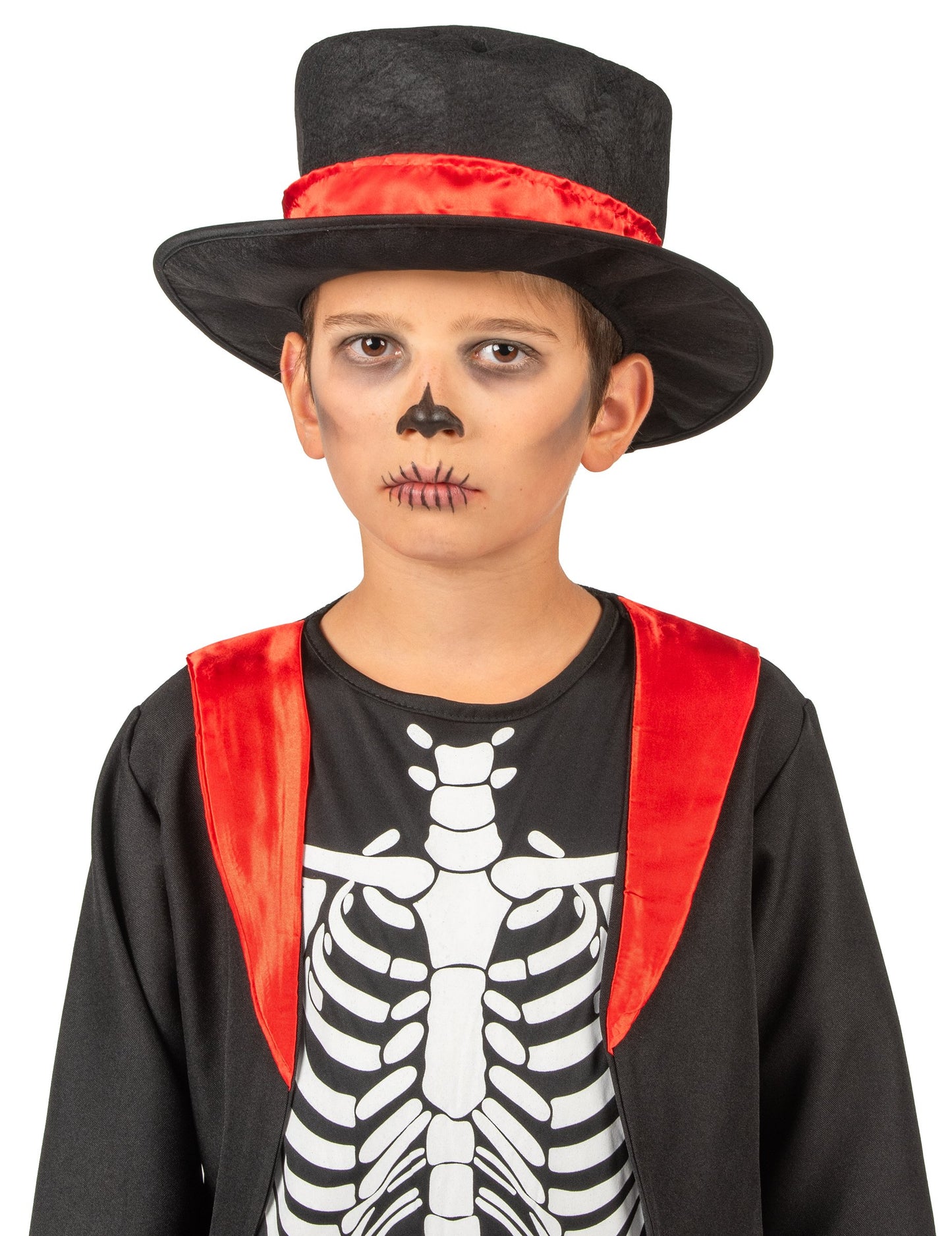 Déguisement squelette chic pour garçon noir et rouge avec haut-de-forme