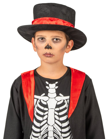 Déguisement squelette chic pour garçon noir et rouge avec haut-de-forme