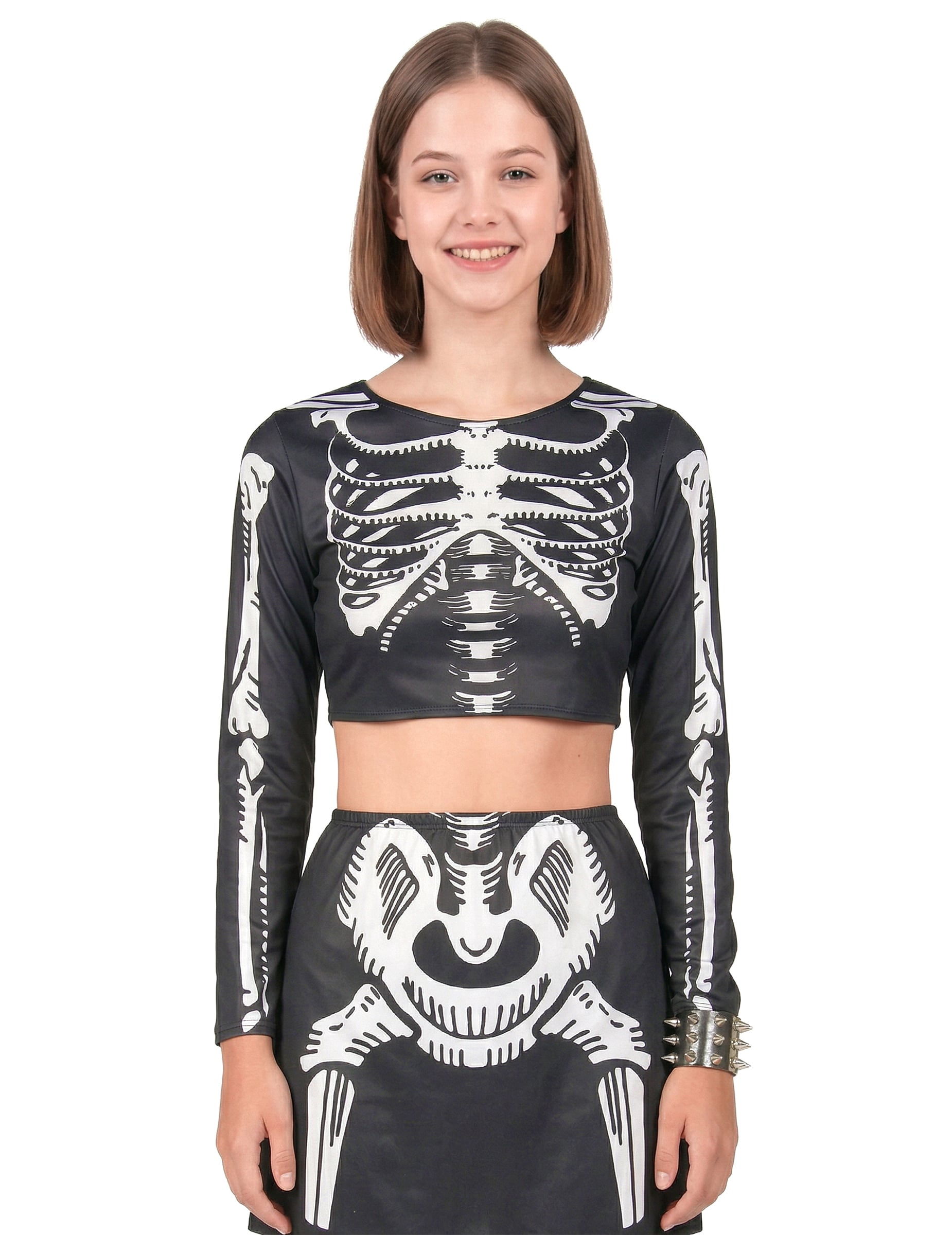 Détail de l'imprimé ossements du déguisement de squelette crop top