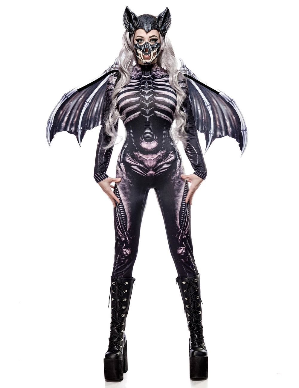 Déguisement squelette de chauve-souris pour femme noir et gris avec ailes et masque