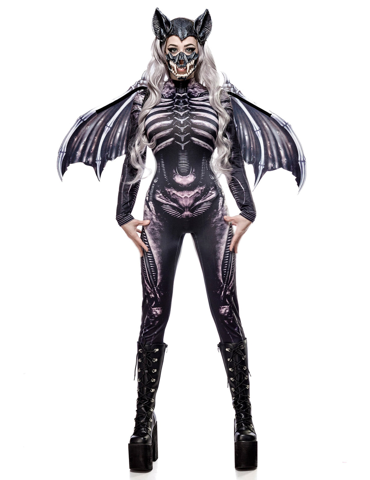Déguisement squelette de chauve-souris pour femme noir et gris avec ailes et masque