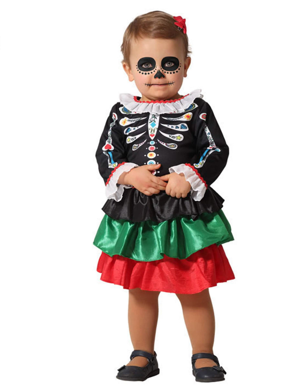 Csontváz Dia de los muertos baba lány fekete háromszínű fodros szoknyával