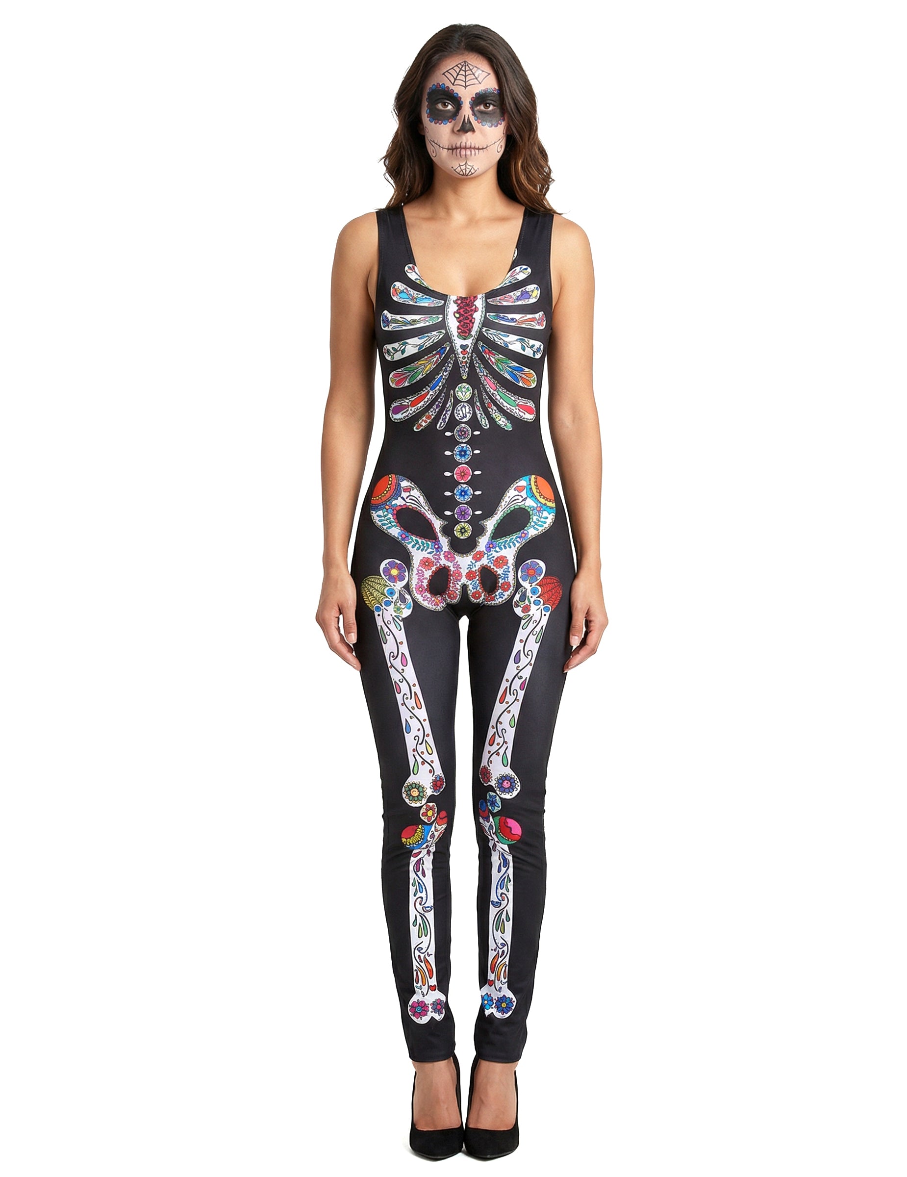 Déguisement Squelette Dia de los muertos pour femme noir avec motifs colorés