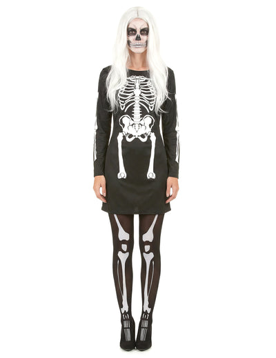 Déguisement squelette pour femme noir et blanc avec robe et collants