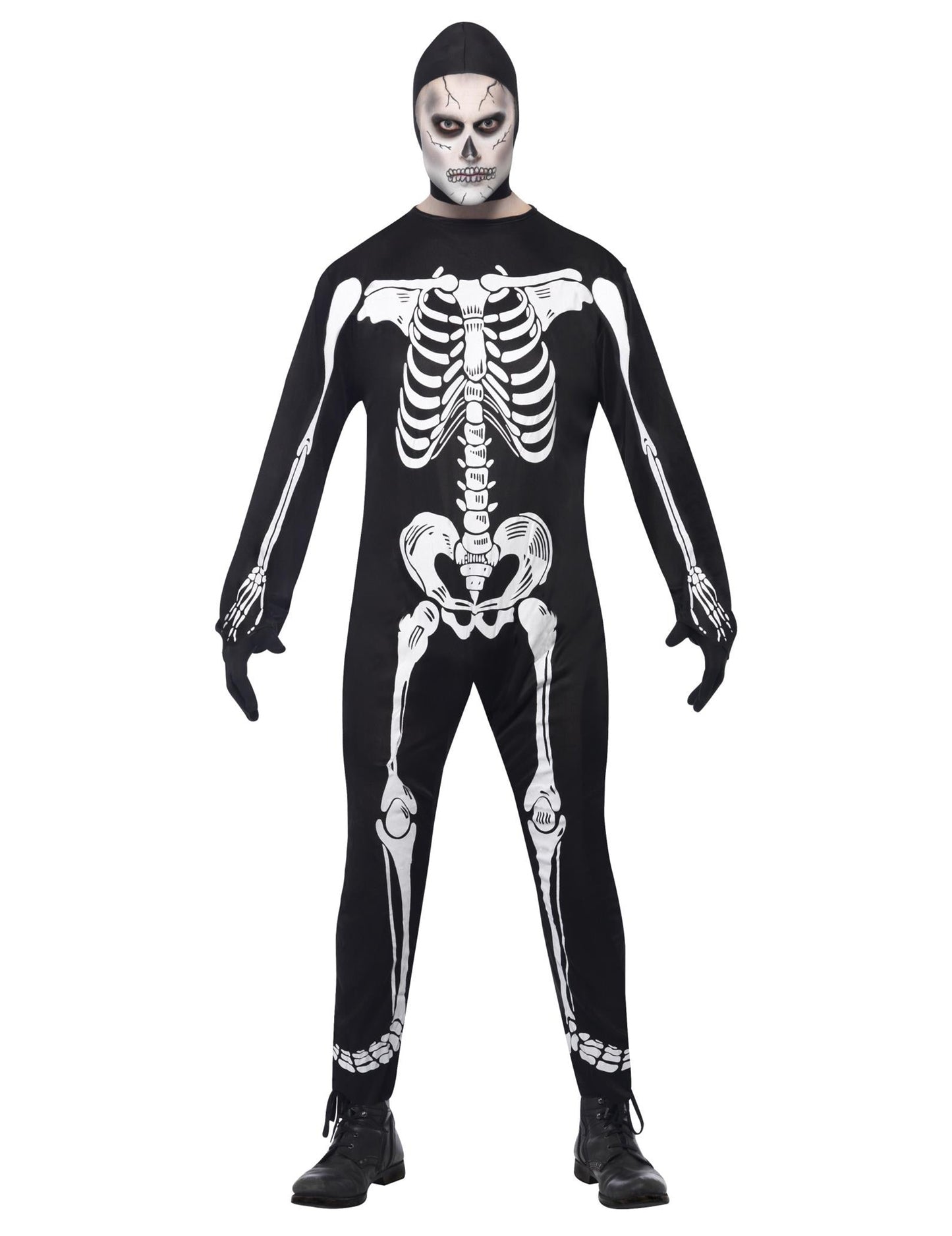 Férfi csontváz jelmez Halloween motorháztetővel