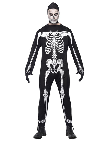 Férfi csontváz jelmez Halloween motorháztetővel