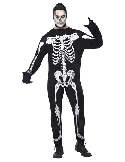 Férfi csontváz jelmez Halloween motorháztetővel