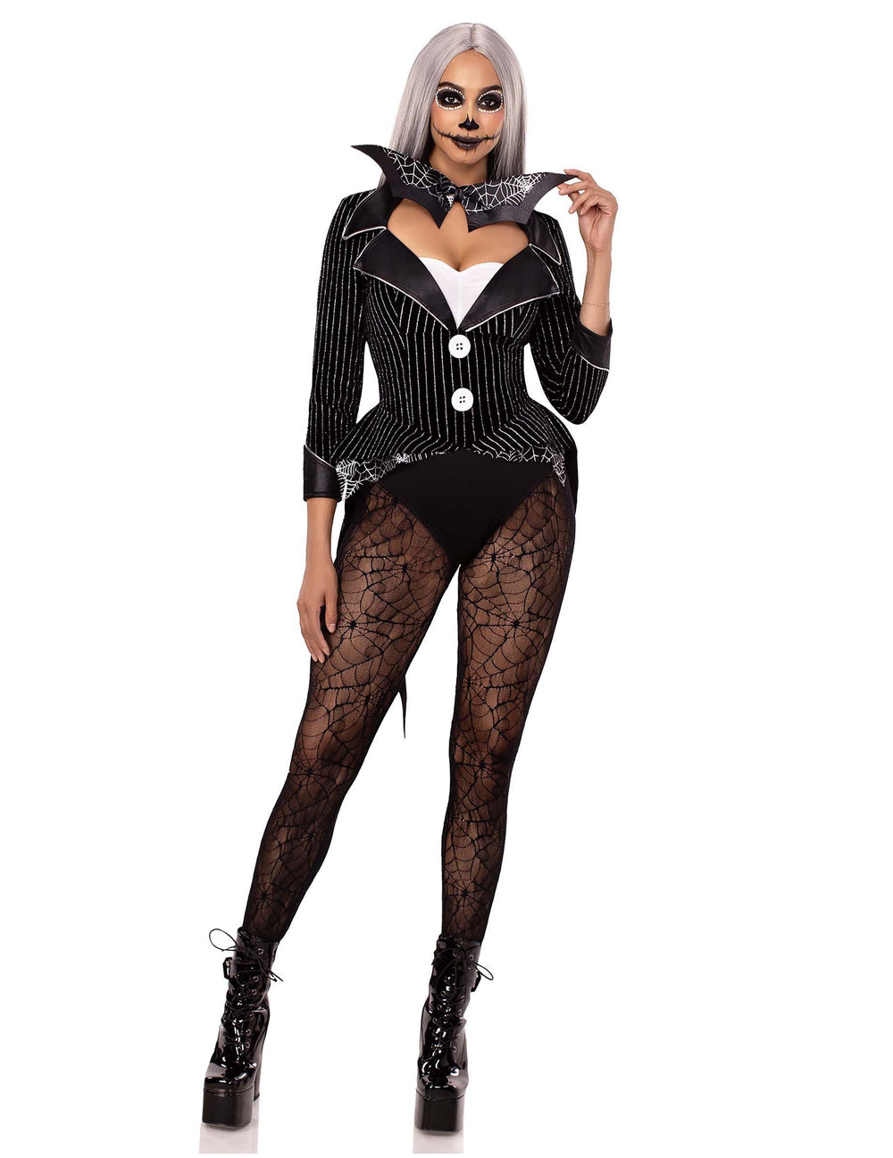 Déguisement squelette pailleté sexy pour femme noir et blanc à rayures