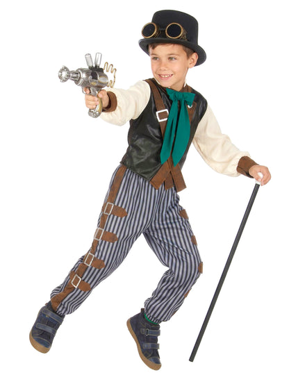 Vue d'ensemble avec accessoires du déguisement steampunk dandy pour enfant