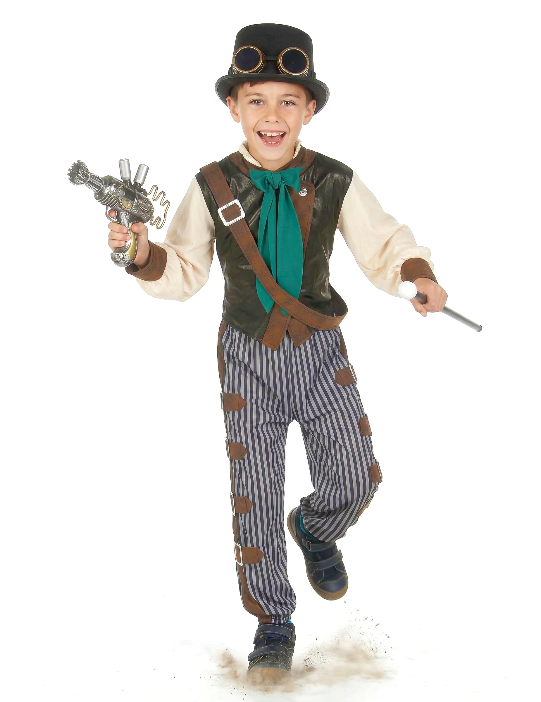 Mise en scène avec pistolet et canne du déguisement steampunk dandy pour enfant