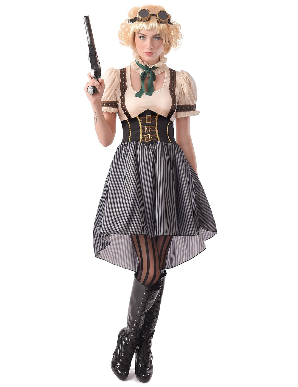 steampunk női jelmez bézs és fekete csíkos szoknyával