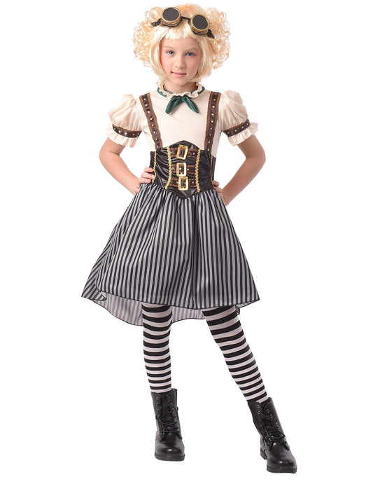 Déguisement steampunk pour fille rayé noir et blanc avec corset et lunettes