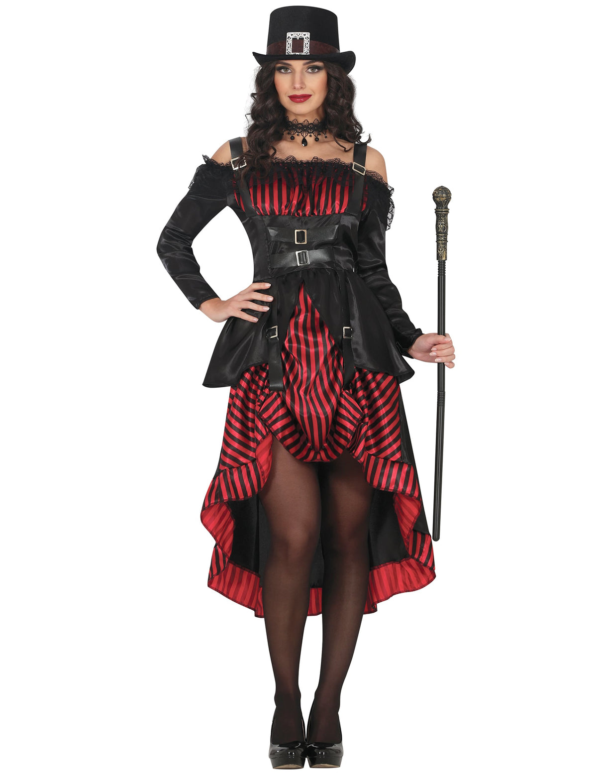 Déguisement steampunk gothique pour femme noir et rouge à rayures avec chapeau haut-de-forme