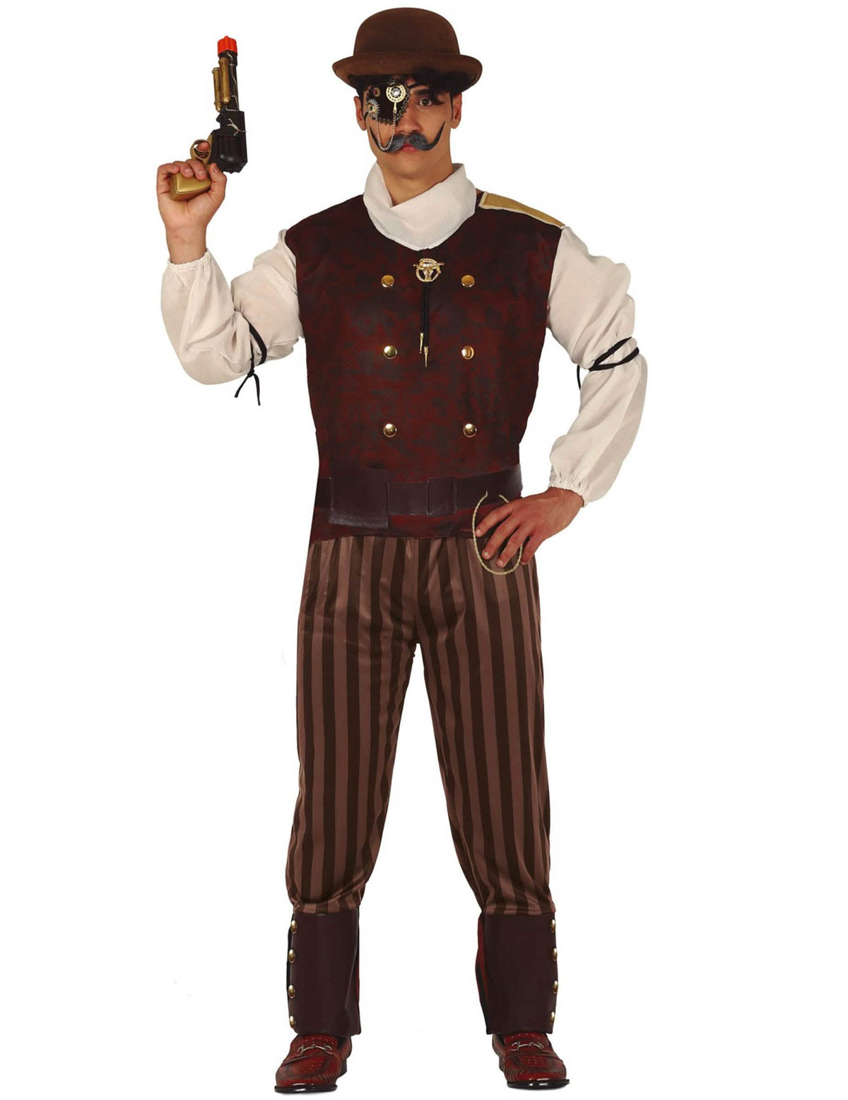 steampunk férfi barna és bordó jelmez csíkos nadrággal