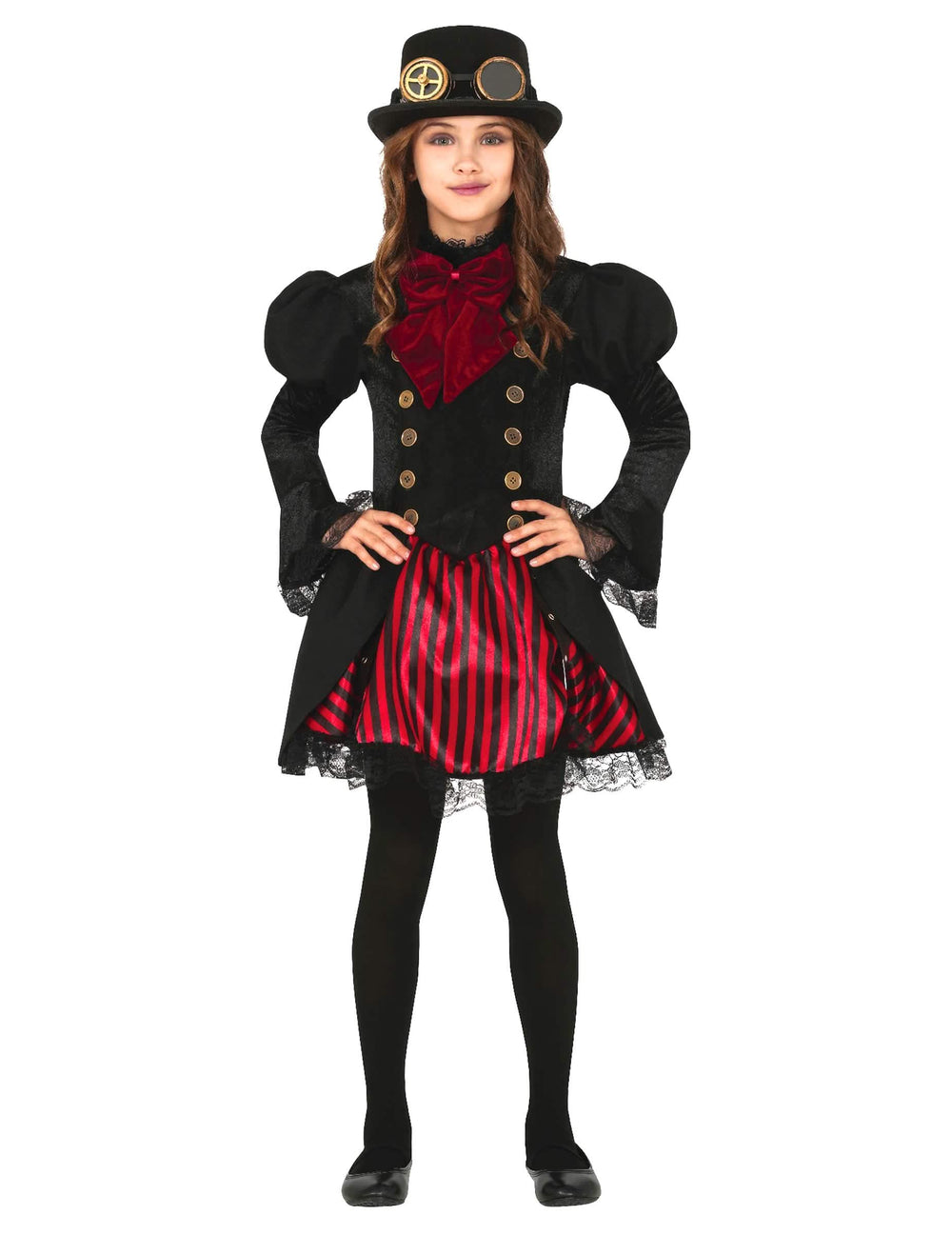 Glamour piros steampunk jelmez lányoknak, fekete és piros, cilinderrel