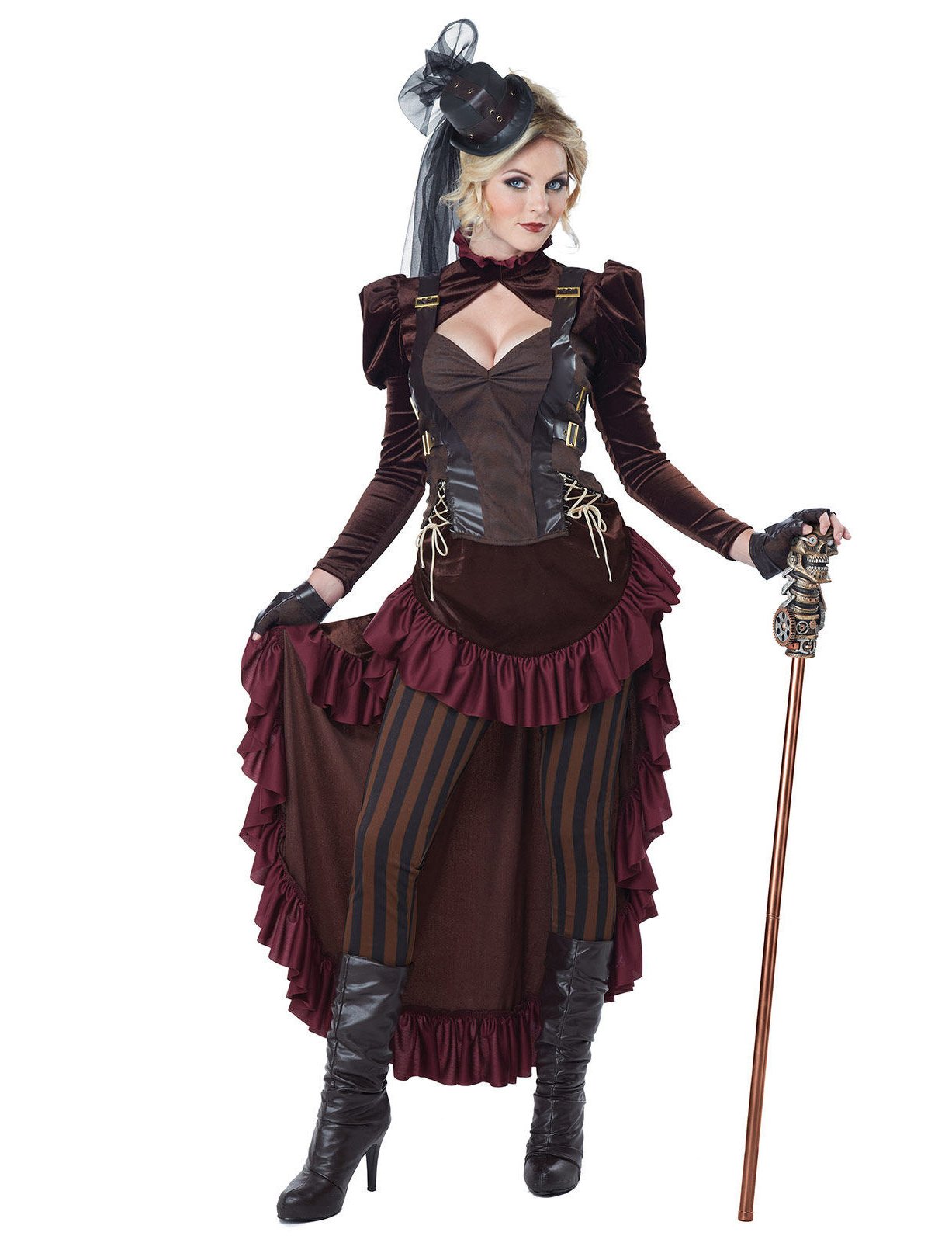 Déguisement steampunk sexy pour femme marron et bordeaux avec mini chapeau