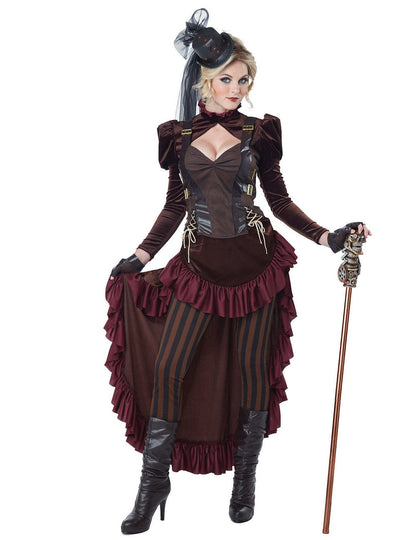 Déguisement steampunk sexy pour femme marron et bordeaux avec mini chapeau