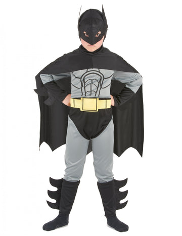 Déguisement de super héros homme chauve-souris pour garçon gris et noir avec cape et ceinture jaune