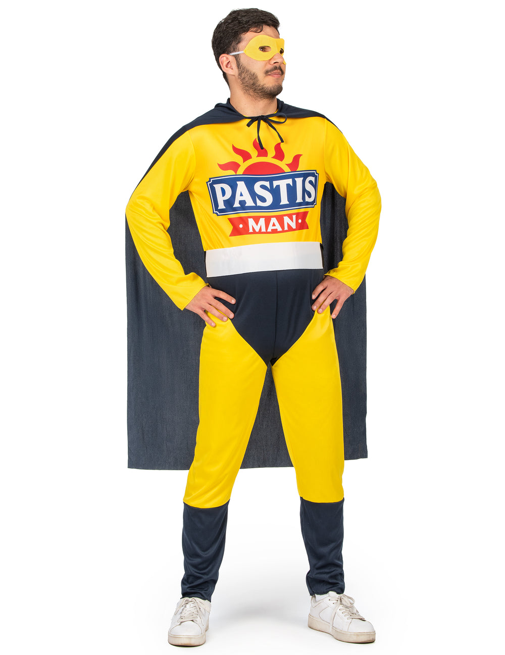 Déguisement Super Pastis Man pour homme jaune et bleu marine avec cape et masque