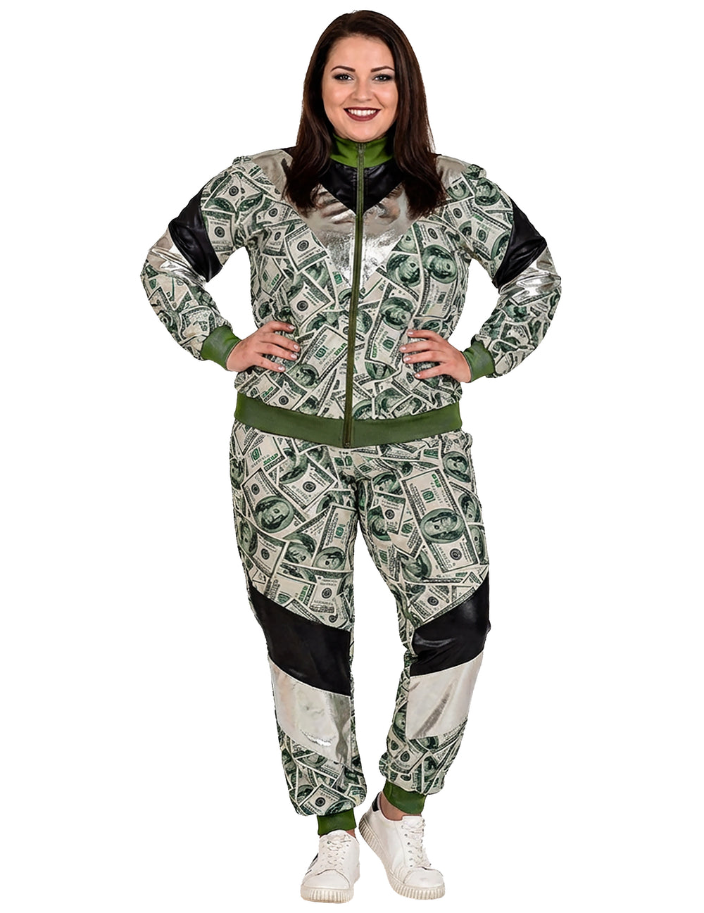 Vue de face portée par une femme du déguisement survêtement billet dollar