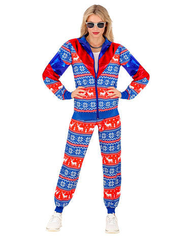 Felnőtt kék és piros karácsonyi melegítő jelmez