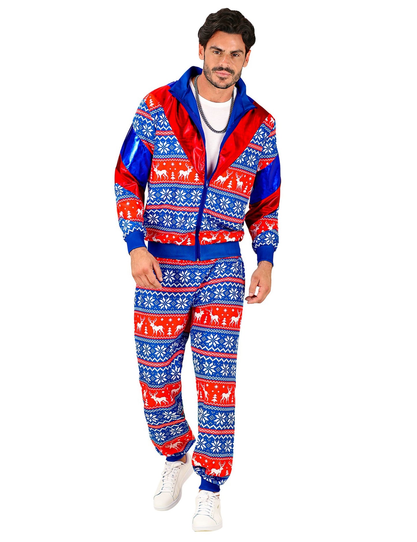Felnőtt kék és piros karácsonyi melegítő jelmez
