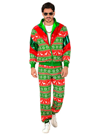 Felnőtt zöld és piros karácsonyi melegítő jelmez