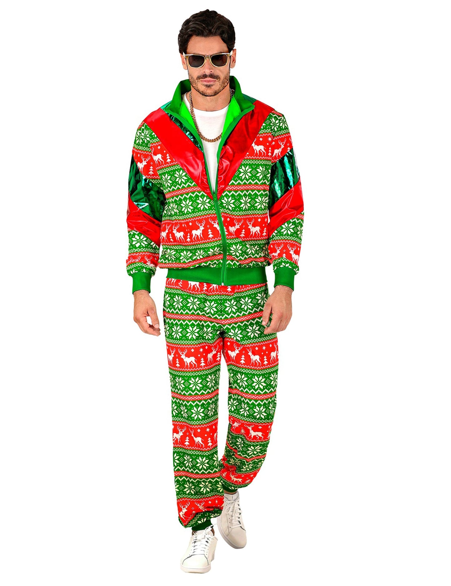 Felnőtt zöld és piros karácsonyi melegítő jelmez