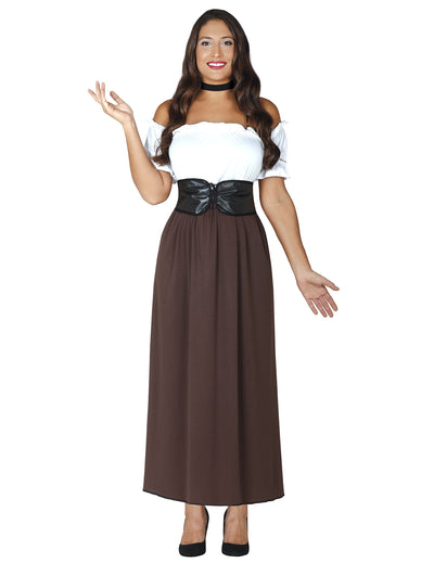 Déguisement de tavernière médiévale pour femme blanc et marron avec ceinture noire