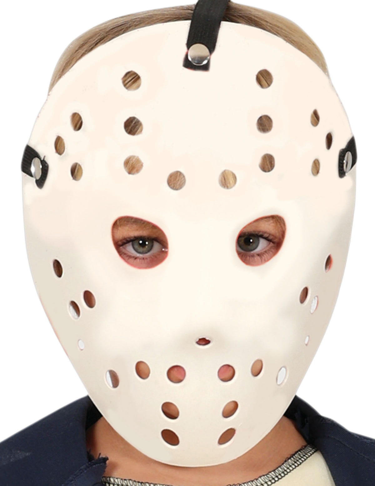 Détail du masque du déguisement de tueur à la machette pour enfant
