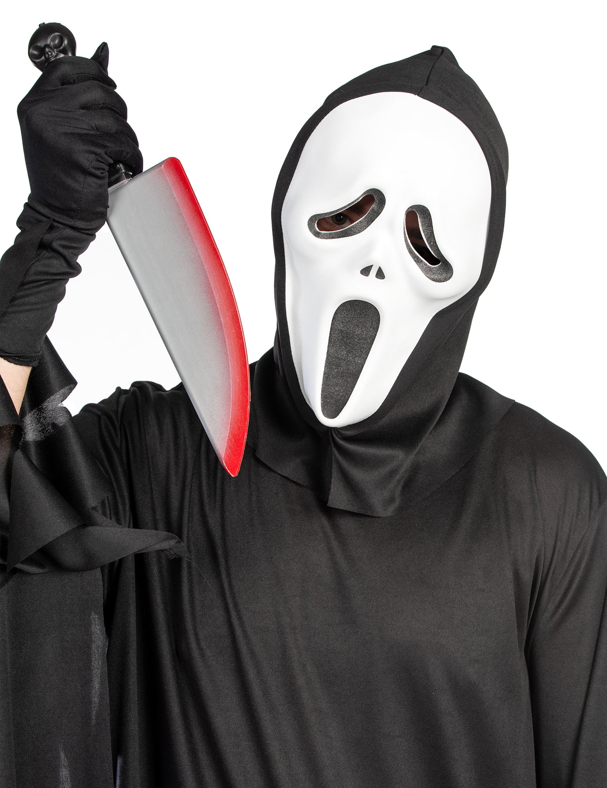 Gros plan sur le masque et le couteau du déguisement de tueur de film d'horreur pour adulte