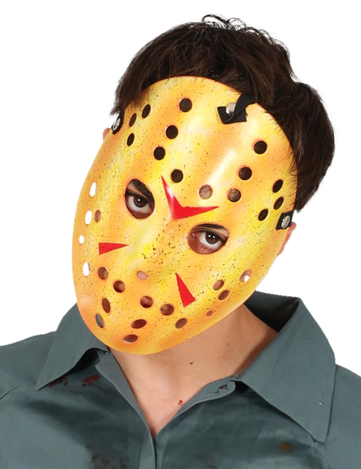 Gros plan sur le masque de hockey du déguisement de tueur fou