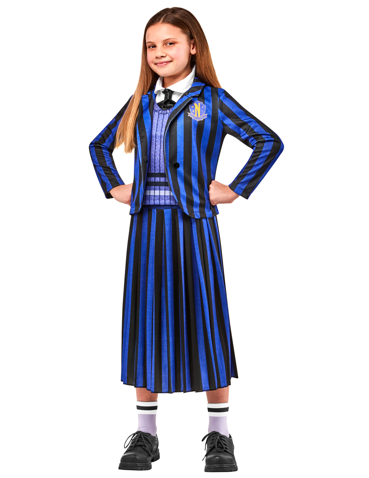 Déguisement uniforme scolaire Enid Wednesday pour enfant bleu et noir à rayures