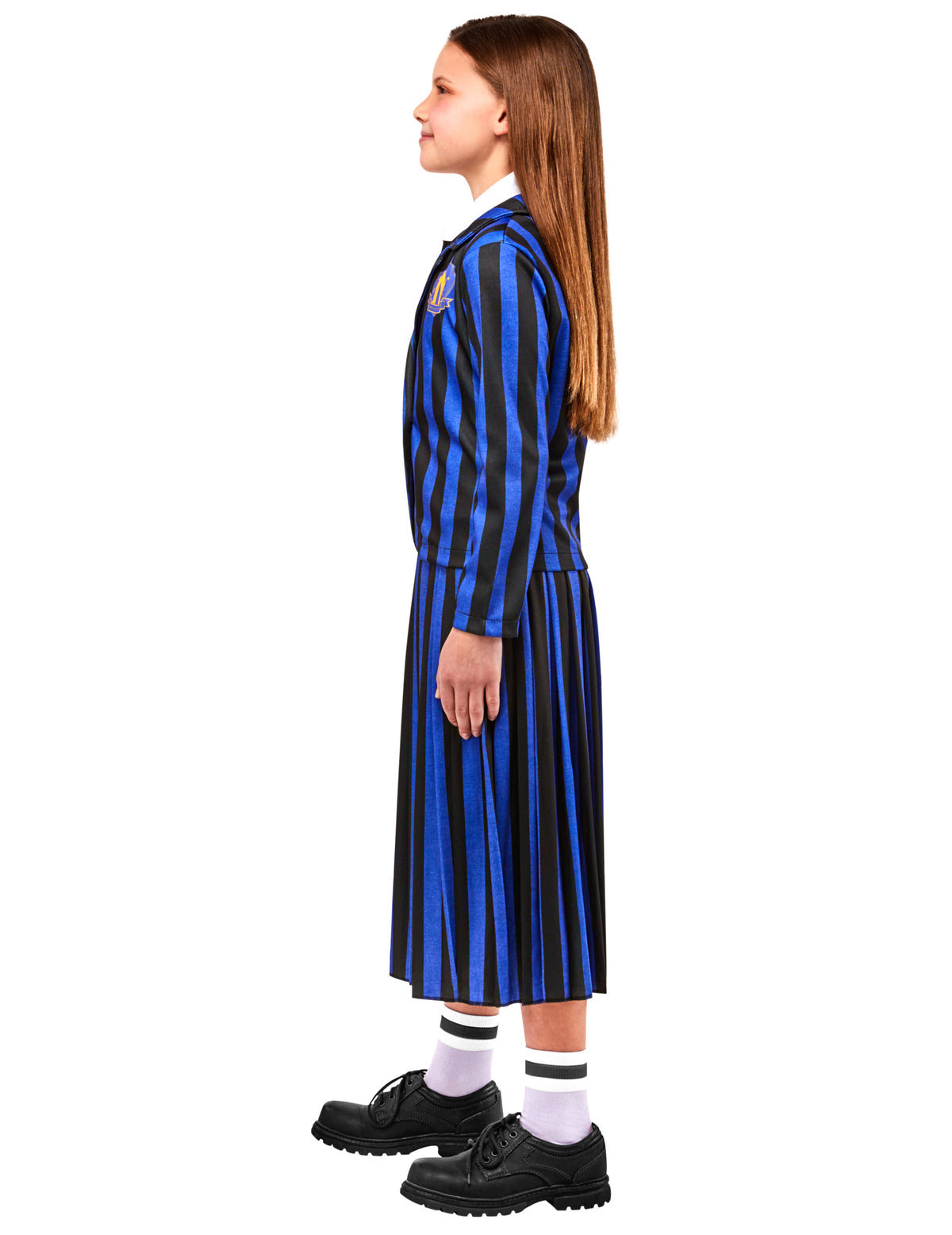 Vue de profil du déguisement uniforme scolaire Enid Wednesday pour enfant