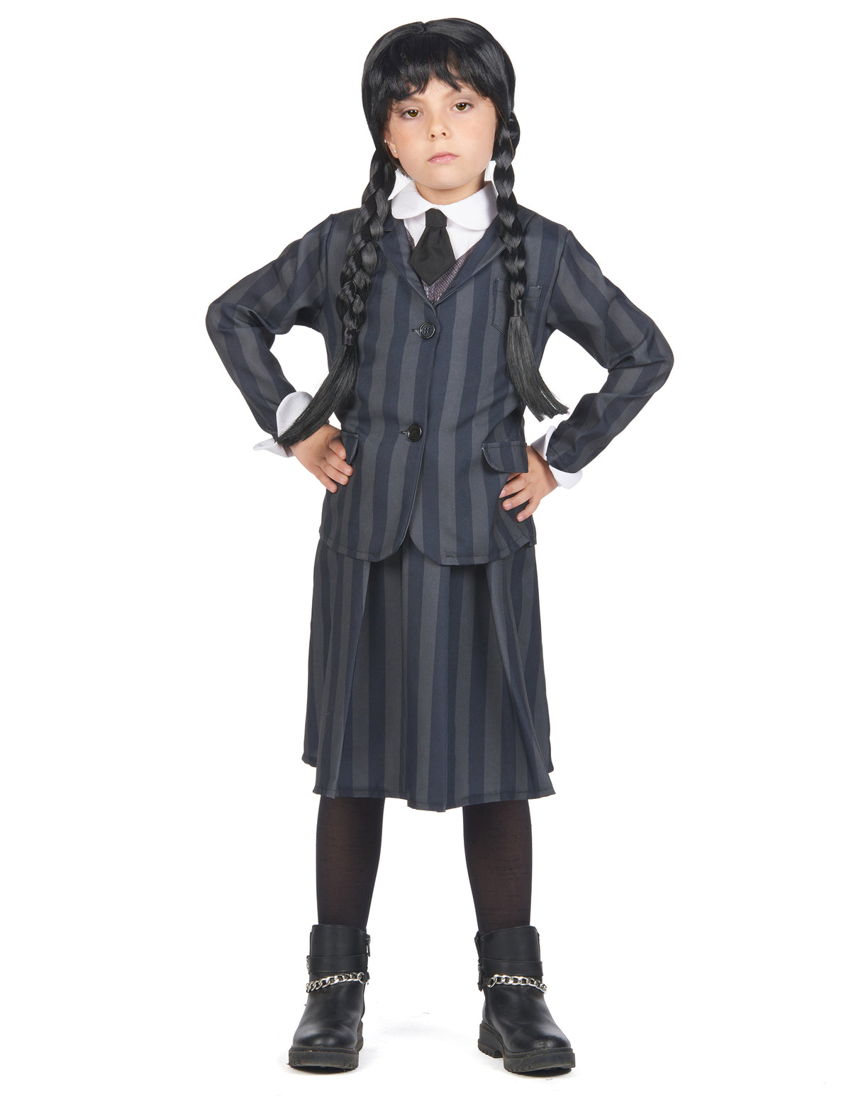 Déguisement uniforme scolaire gothique pour enfant à rayures gris foncé et noir