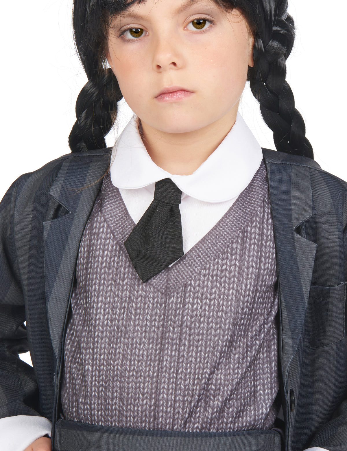 Détail du col blanc et de la cravate du déguisement uniforme scolaire gothique pour enfant