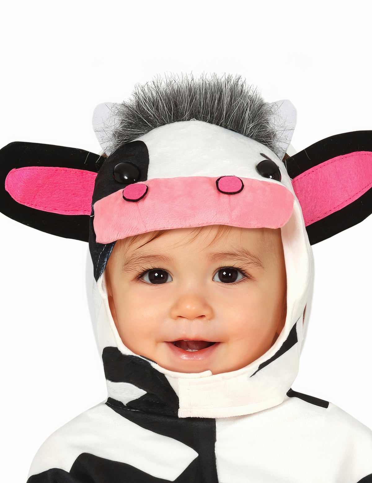 Gros plan sur la tête de la capuche du déguisement vache pour bébé