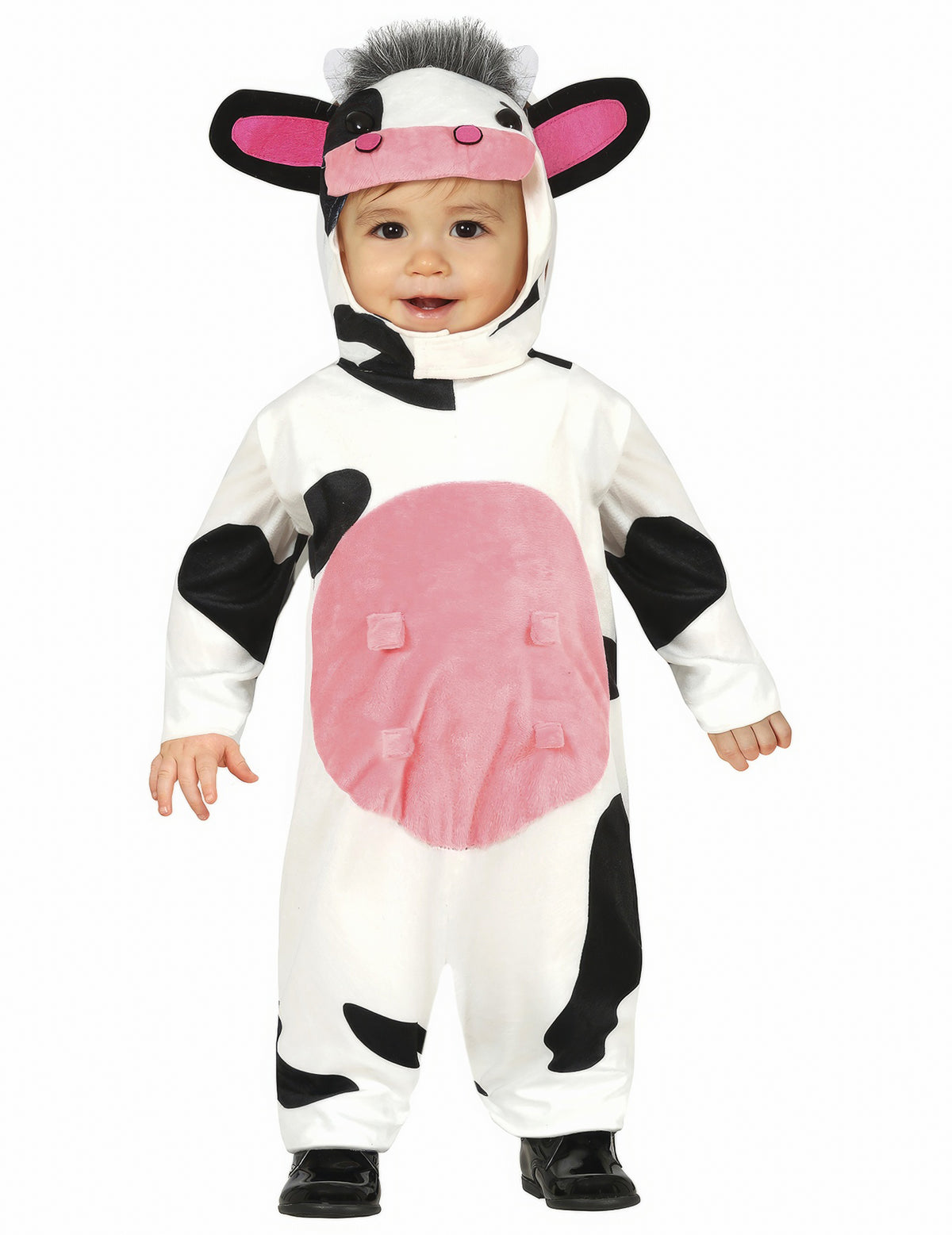 Déguisement vache pour bébé blanc et noir à taches avec ventre rose