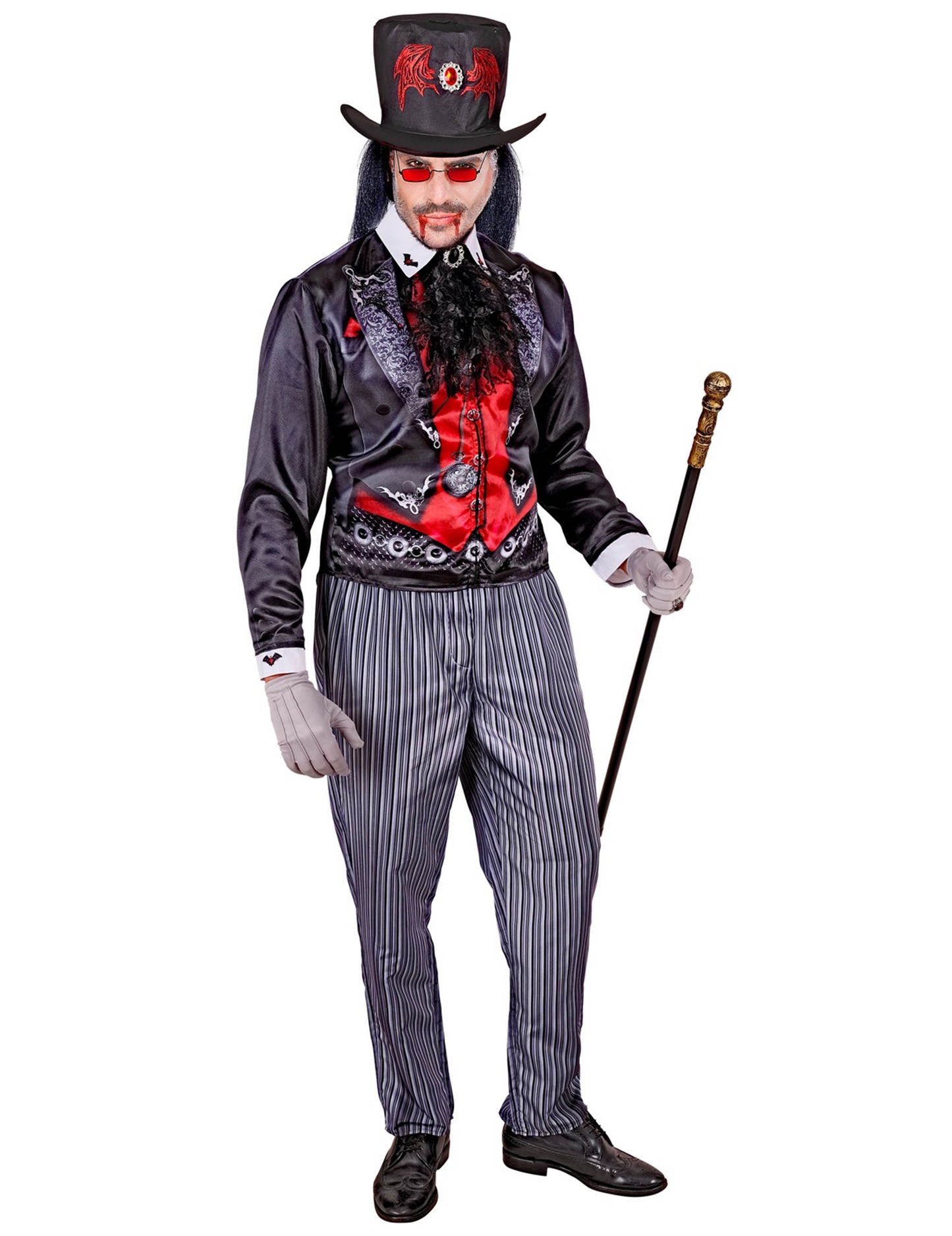 Vue d'ensemble avec canne du déguisement de vampire dandy