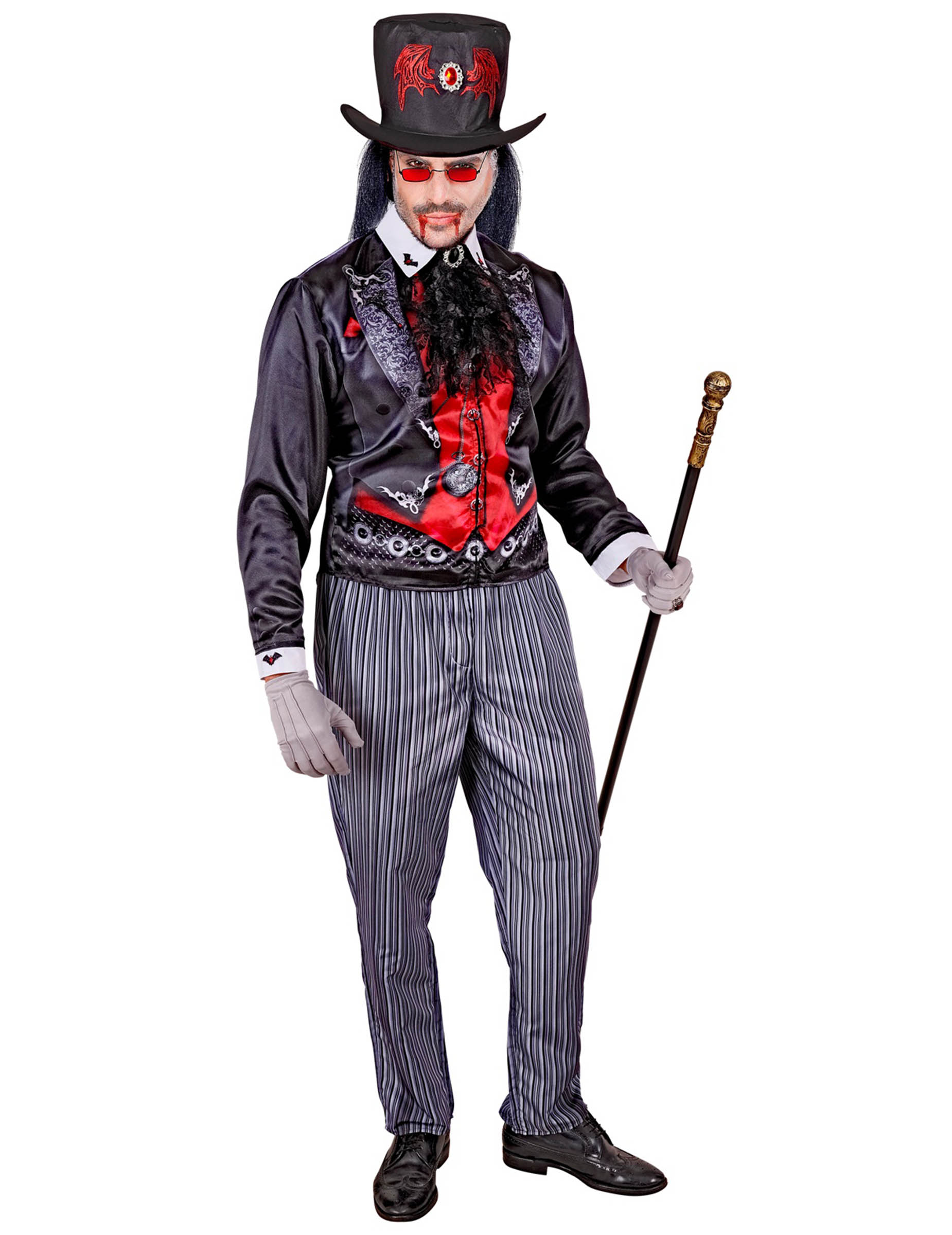 Vue d'ensemble avec canne du déguisement de vampire dandy