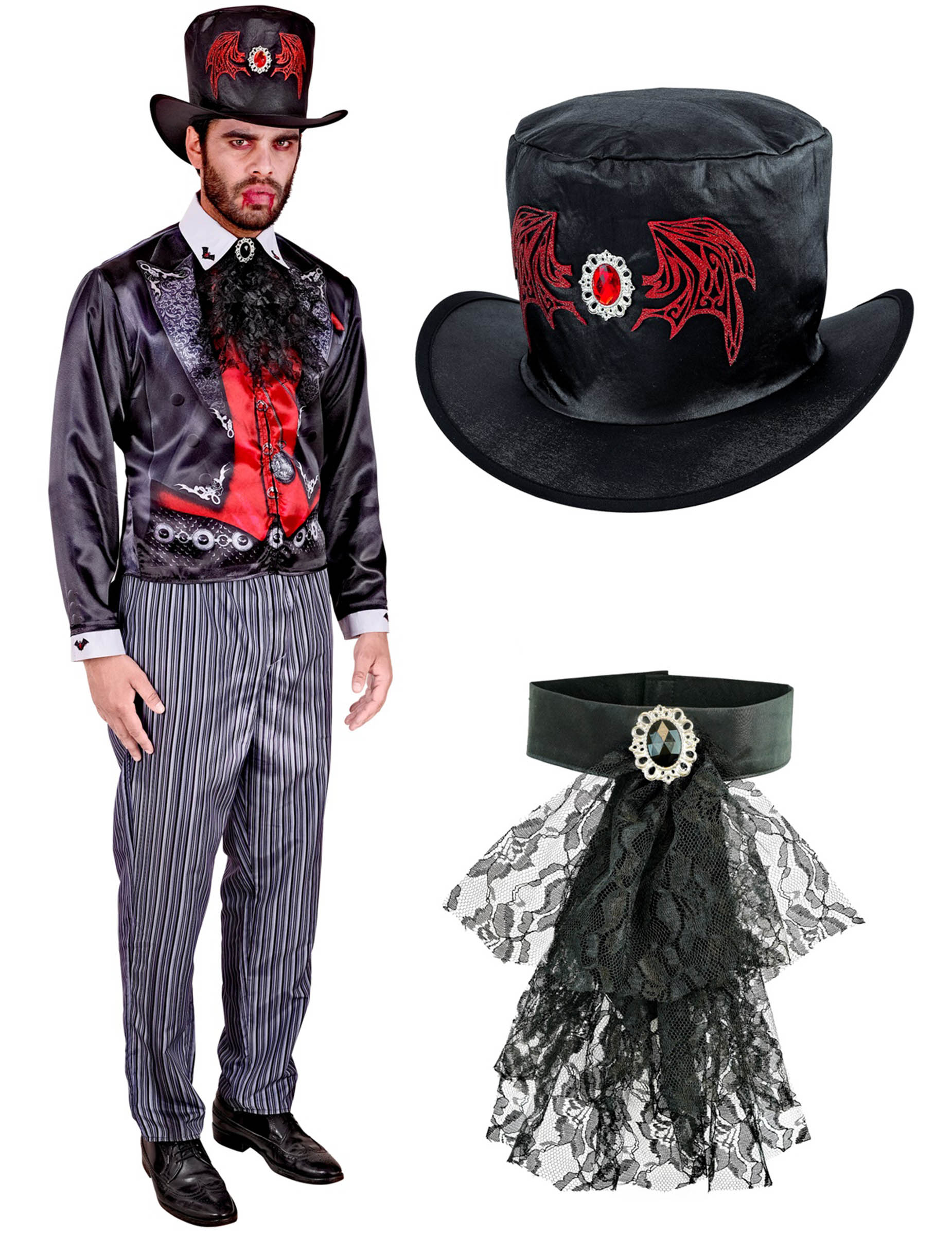 Détails du chapeau et du jabot du déguisement de vampire dandy