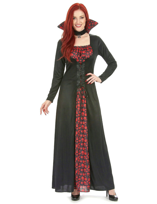 Déguisement de vampire élégant pour femme noir et rouge à motifs de têtes de mort