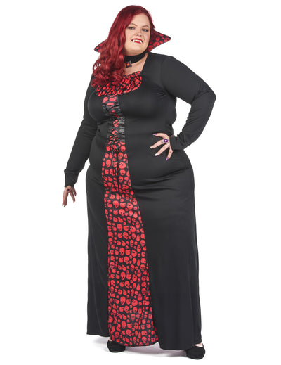 Déguisement de vampire élégant pour femme noir et rouge avec motifs de crânes