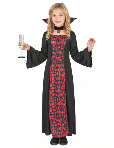 Déguisement de vampire pour fille noir et rouge à motifs têtes de mort avec collerette