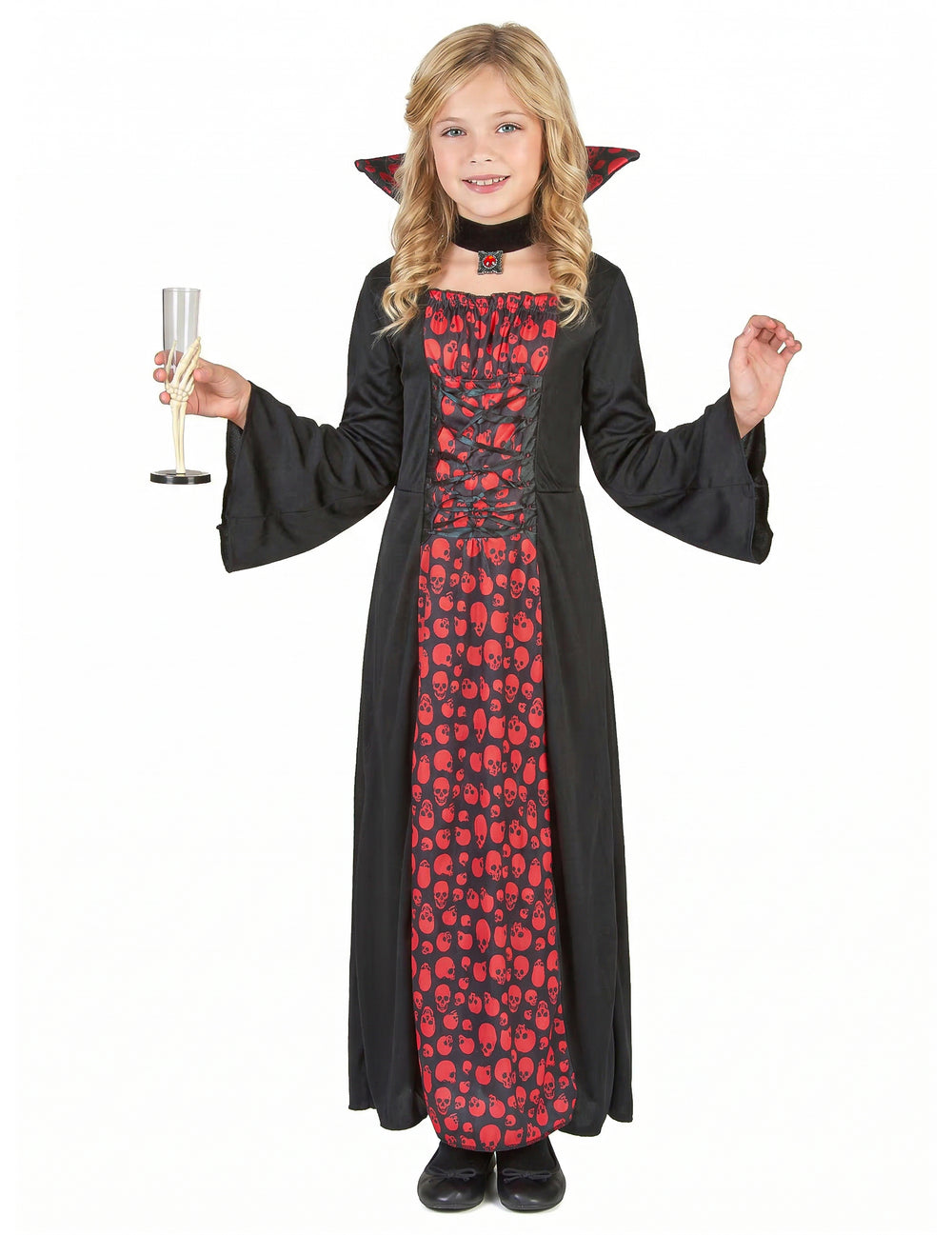 Déguisement de vampire pour fille noir et rouge à motifs têtes de mort avec collerette