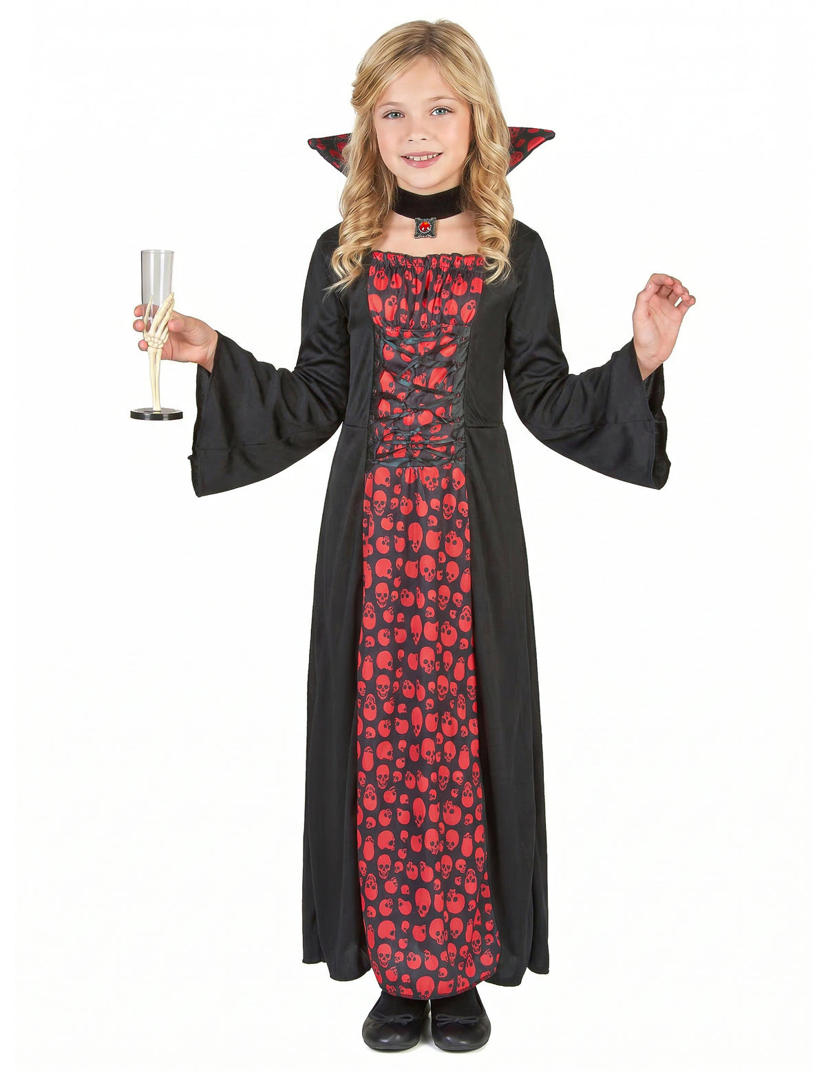 Déguisement de vampire pour fille noir et rouge à motifs têtes de mort avec collerette