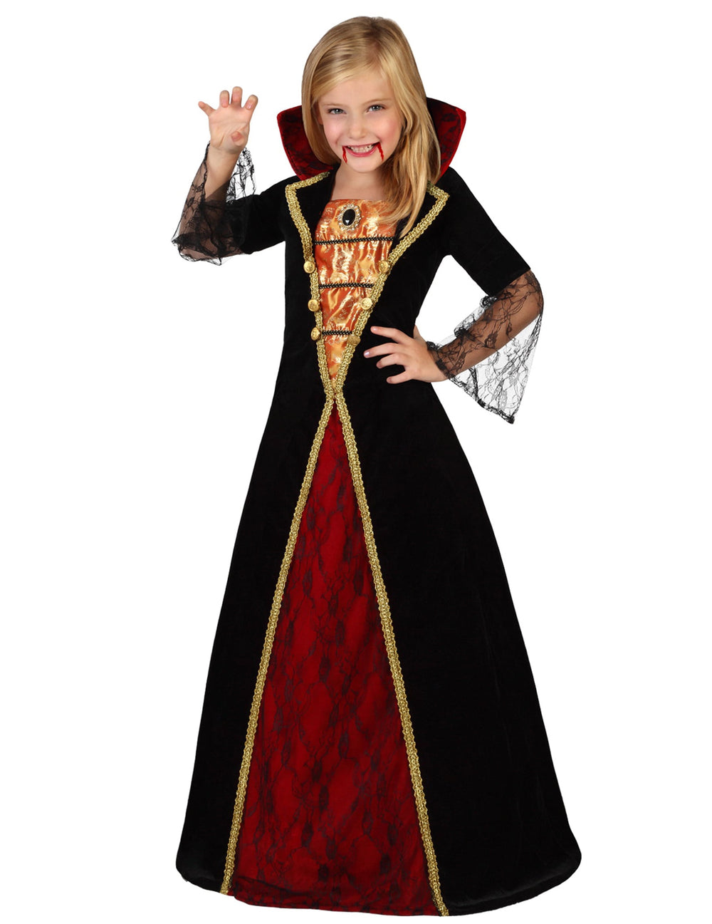 Déguisement élégant de vampire pour fille noir et rouge avec col montant et dentelle