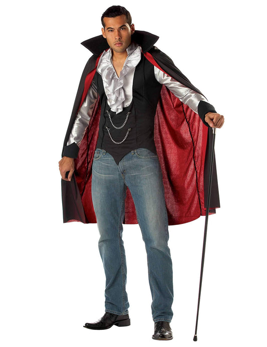 Déguisement de vampire gentleman pour homme Halloween noir et rouge avec jabot argenté